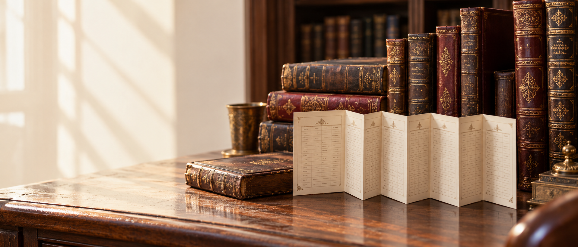 Antique seforim and an ivory folded learning schedule on a warmly lit study desk